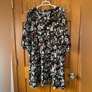 Unique Black, White, and Orange Flowered Polyester Dress